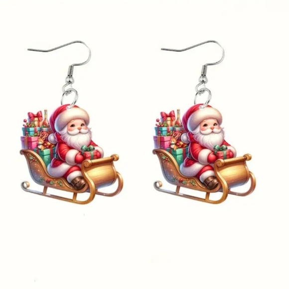 NEW Acrylic Santa Claus On Sleigh Dangle Earrings - Picture 6 of 9